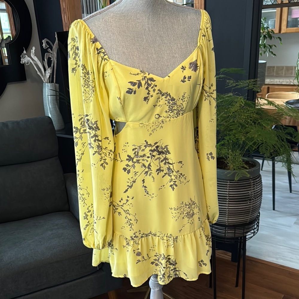 Dynamite Yellow Cut Out Ruffled Summer Dress with Bishop Sleeves